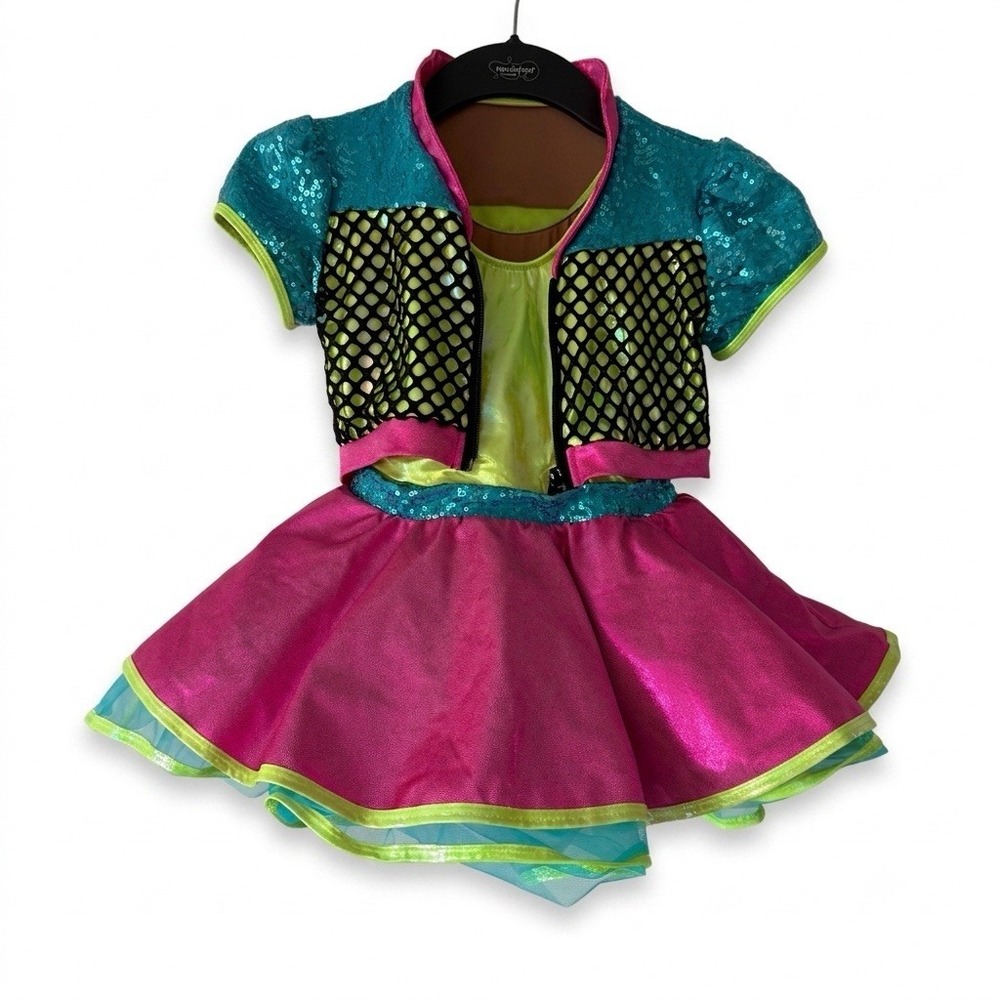 Revolution Dance Costume MEDIUM CHILD Neon Pink Yellow w/ Jacket & Hanger